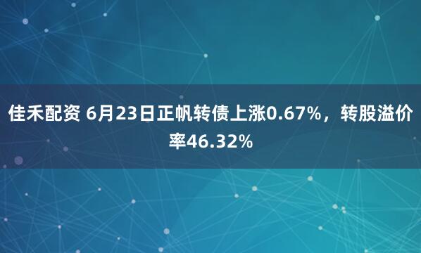 佳禾配资 6月23日正帆转债上涨0.67%，转股溢价率46.32%